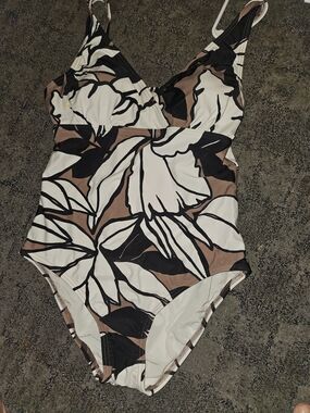 Tropical Leaf One-Piece Swimsuit in Cream, Black & Brown